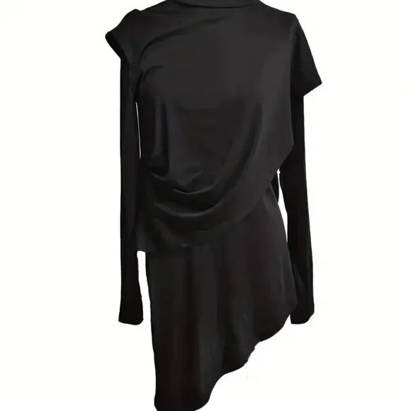 Asymmetrical Solid Black Mock Neck Turtleneck Dress - Picture 2 of 4